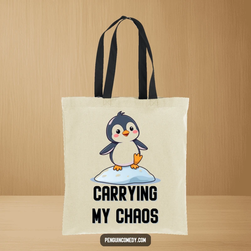 Funny Tote Bag: A silly penguin balancing precariously on a slippery surface. Humorous and practical accessory for everyday use.