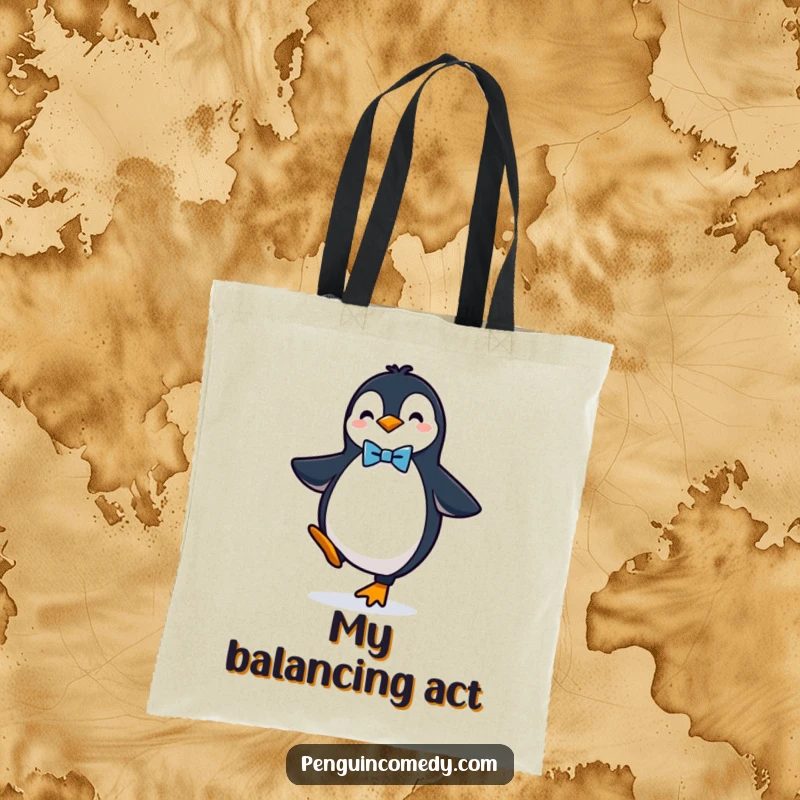 Funny tote bag featuring a sophisticated penguin with a bow tie, a chic and humorous carry-all.