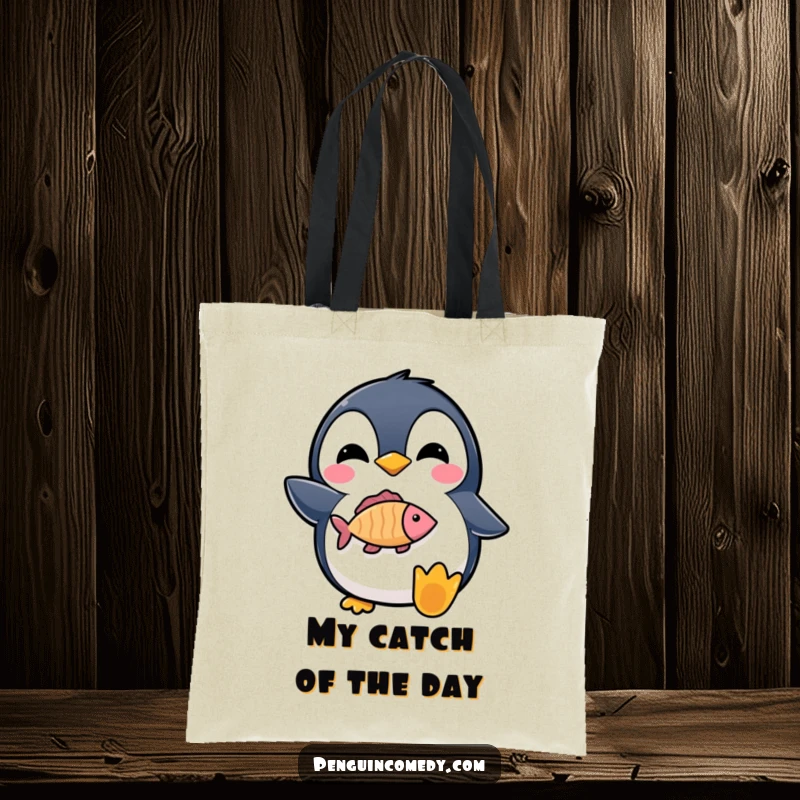 Funny tote bag with a delighted penguin proudly displaying a fish icon, ideal for carrying groceries.