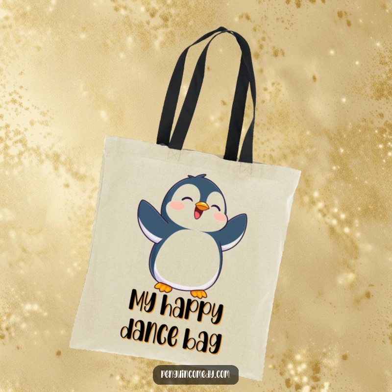 Funny tote bag designed with an overjoyed penguin flapping its flippers, perfect for carrying items and radiating positivity.