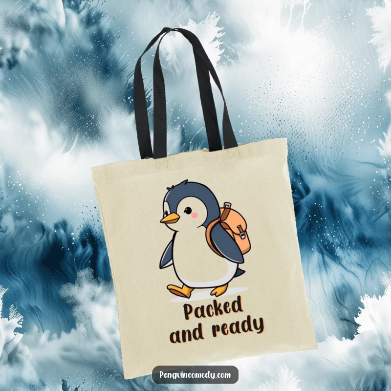 Funny tote bag with a penguin carrying a backpack, marching with purpose, ideal for stylish and humorous everyday use.