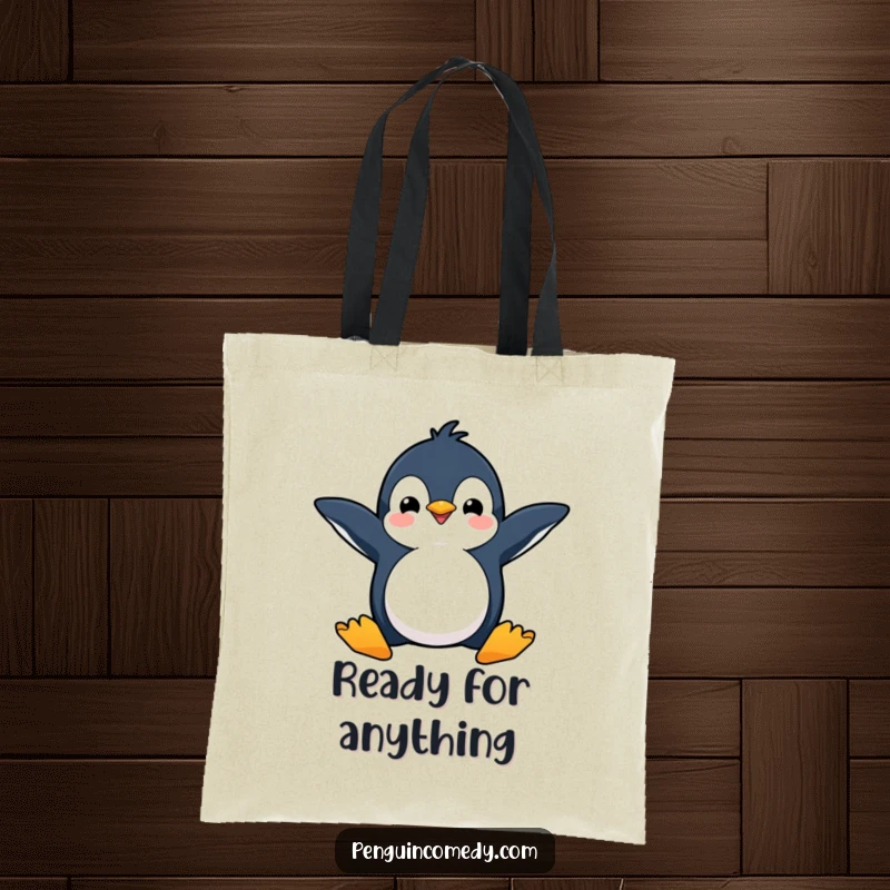 Funny tote bag with a happy penguin, flippers spread wide, ready to dive, perfect for carrying fun.
