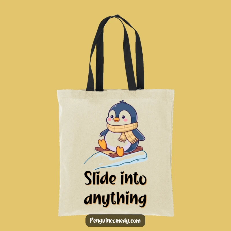 Funny Penguin Sledding Tote Bag - Cute Penguin Accessory Gift
