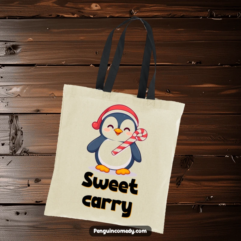 Funny tote bag with a smiling penguin holding a candy cane, perfect for carrying holiday items with festive personality.