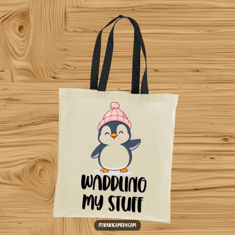 Funny Penguin Canvas Tote Bag: A happy penguin wearing a hat waddles happily, a charming and funny gift for shoppers.